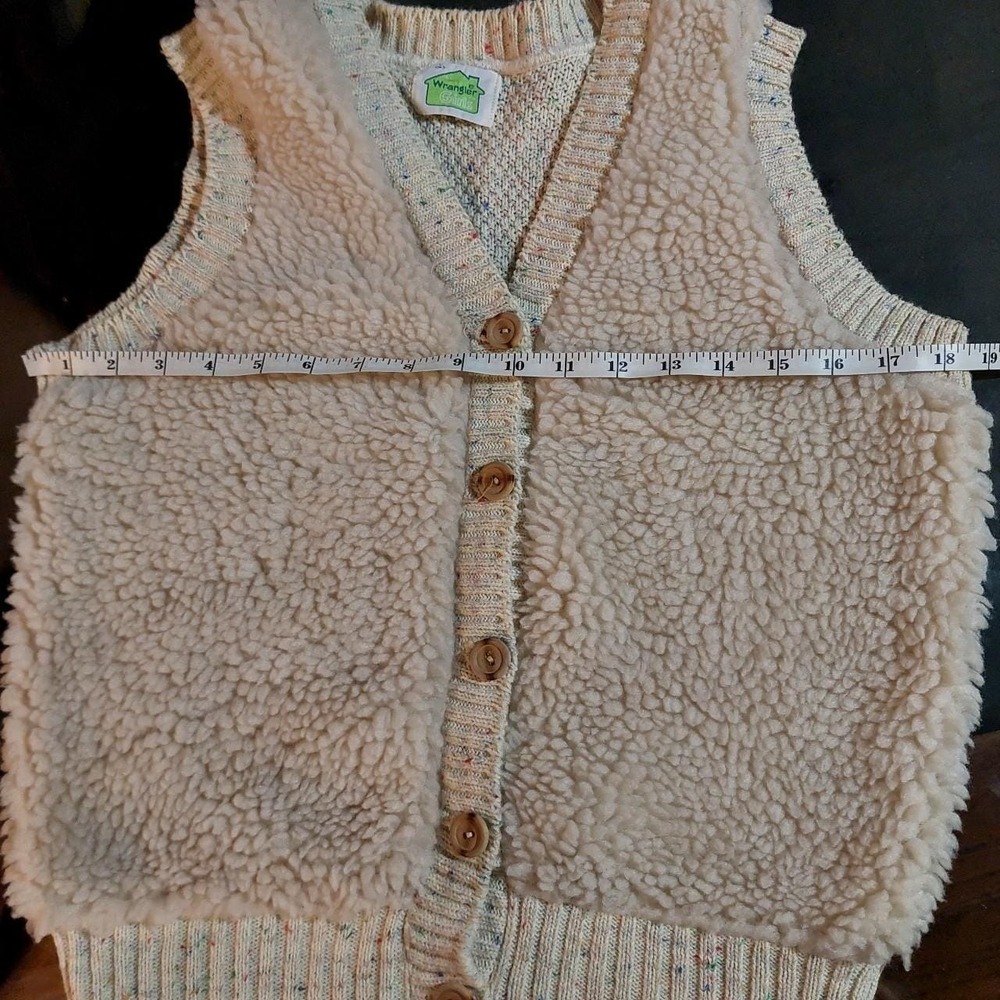 Vintage Wrangler Knit Vest Cream Faux Shearling Wooden Buttons 1980s - Picture 5 of 6